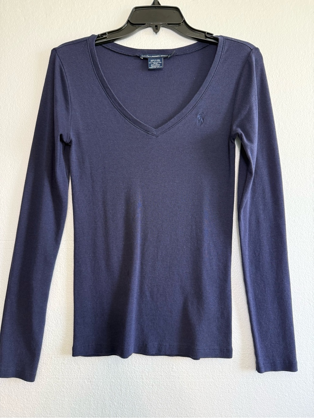 Ralph Lauren Sport V‑Neck Long Sleeve Top Pima Cotton Blend Dark Blue Size M